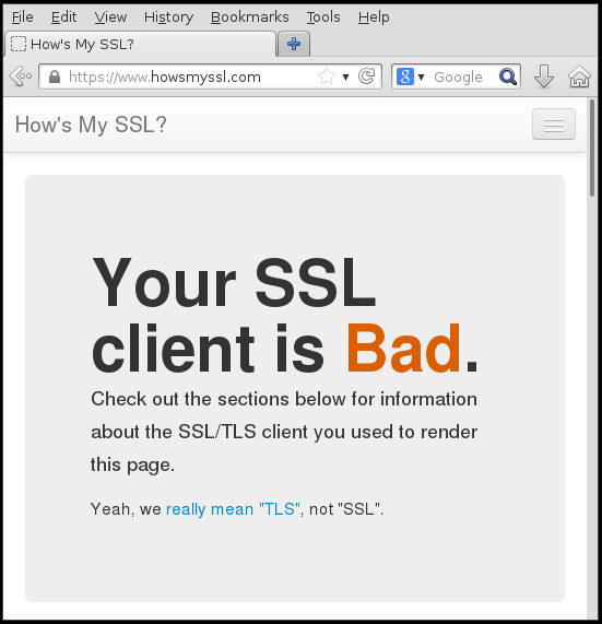 Screenshot of the website saying "Your SSL client is Bad"