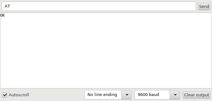 Arduino Serial Monitor set to 9600 baud with the AT command typed