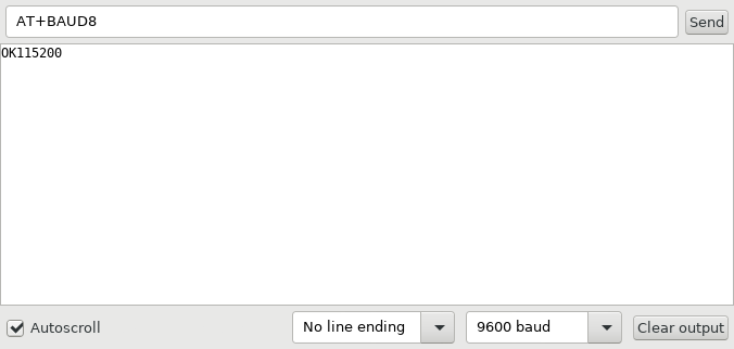 Arduino Serial Monitor set to 9600 baud with the AT+BAUD8 command typed